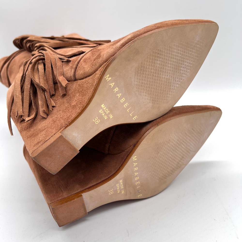MARABELLE Suede Fringe Wedge Boot Womens 38 Brown Knee High Pointy Toe Pull On - Picture 13 of 16